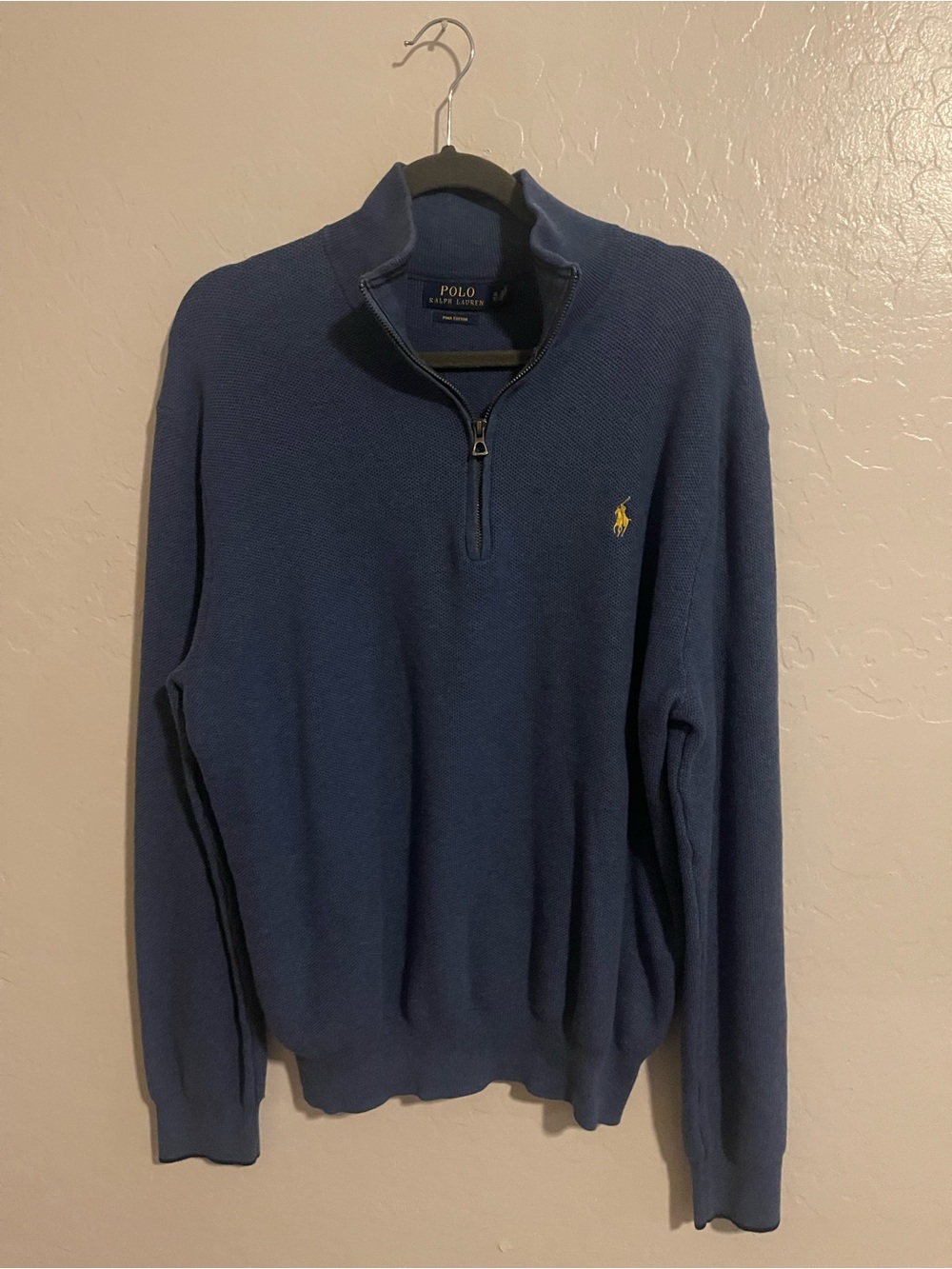 Polo RALPH LAUREN Blue 1/4 Zip Pima Cotton Yellow Pony Logo Mock Sweater Men XL